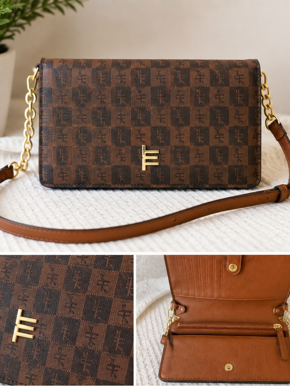 Tommy Hilfiger Brown Monogram Chain-Accent Crossbody Wallet